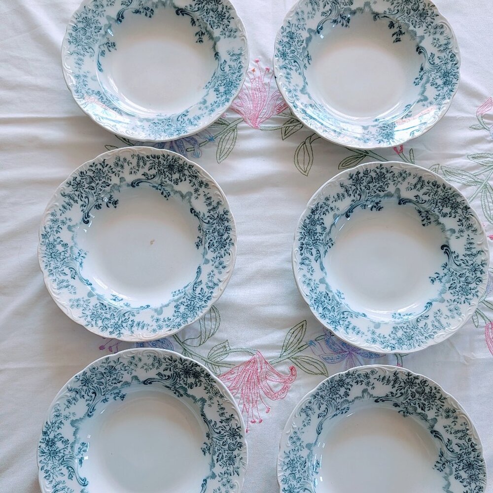 VTG Set of 6 W.H. Grindley England Flow Blue Soup Bowls "Antique” Pattern 9”